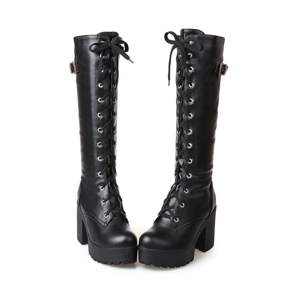 Lente Herfst Vetersluiting Knie Hoge Laarzen Vrouwen Mode Witte Vierkante Hak Vrouw Lederen Schoenen Winter Pu Grote Maat 43