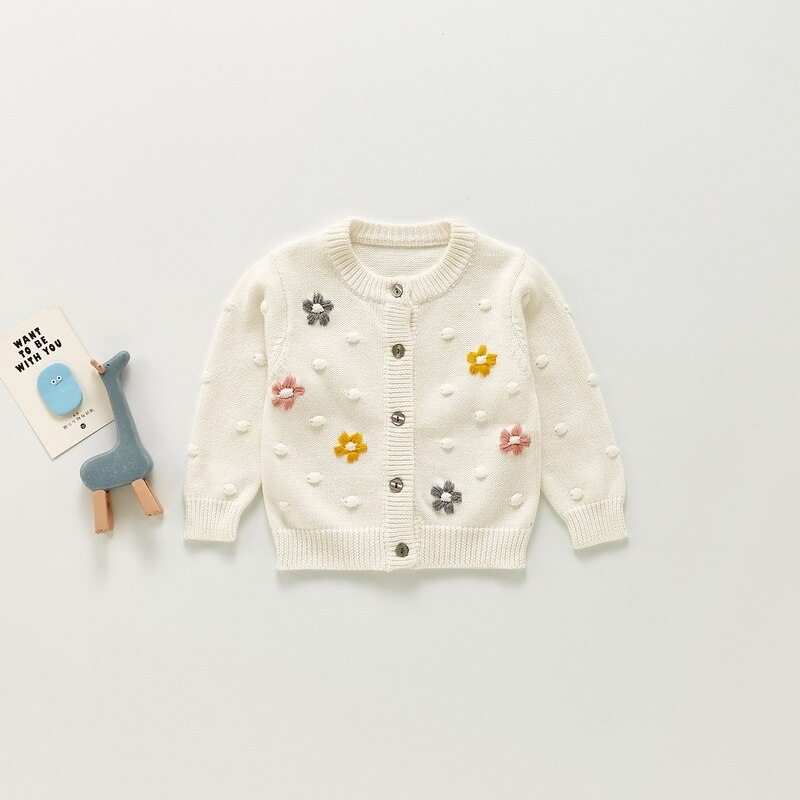 Koreaanse Stijl Herfst Meisjes Trui Lange Mouwen Ronde Kraag Borduren Open Stitch Breien Kinderen Wollen Jas E302: white / 73cm 6-12Months