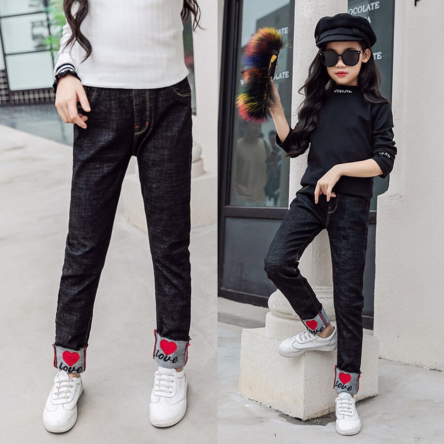 Teenager pige smarte jeans 6y-16y store piger casual denim bukser forår efterår teenager børn bogstav almindelige jean bukser 6 8 10 12 14 16