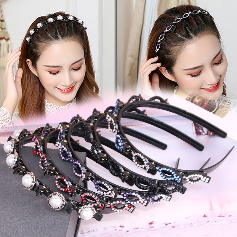 Bandas para el pelo de doble capa para mujer, bandana de pelo antideslizante hecha a mano con Clip de perlas, diadema trenzada de plástico a la , horquilla para peinado
