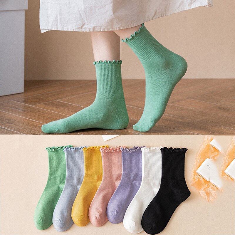 5 Pairs Women Cotton Ruffle Frilly Socks Black White Cute Autumn Winter Socks Solid color Soft Happy Girl Socks