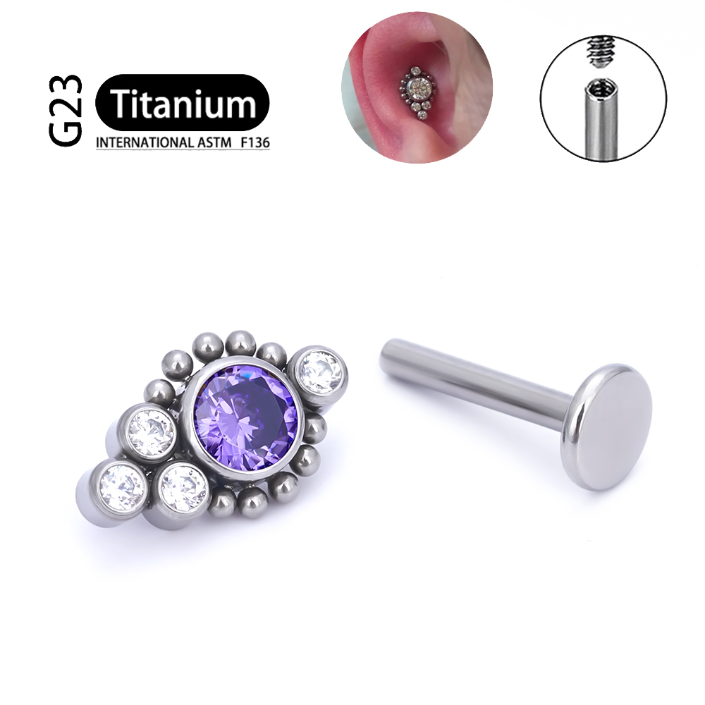 G23 titanio ASTM F136 cartílago pendientes circón ópalo ágata Labret labio Tragus de Navidad joyería Piercing para mujeres: Rojo / Rodio plateado