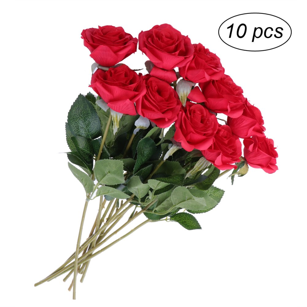 10 st konstgjorda blommor lång stam silke ros blomma bukett bröllopsfest heminredning vit: Röd