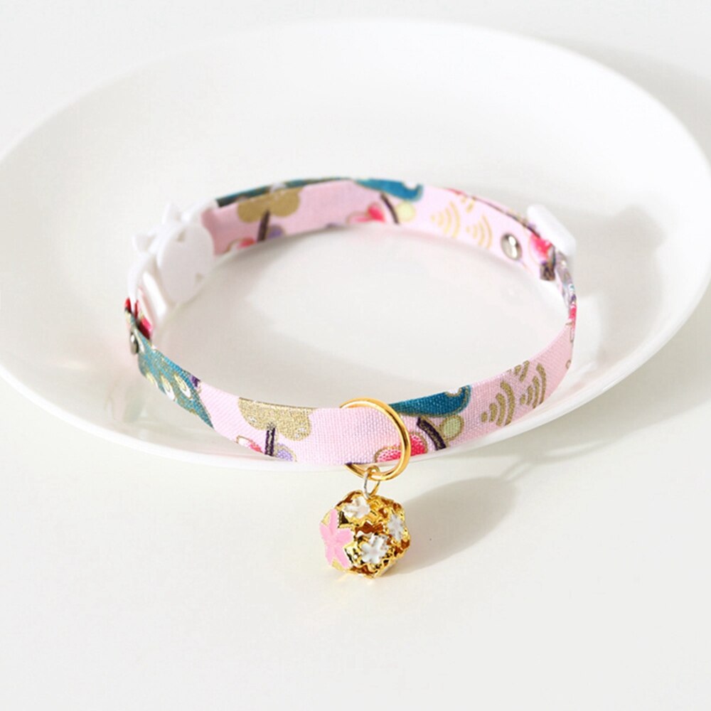 Breakaway Cat Collar With Hollow Bell Flower Cute Kimono Adjustable Cat Collars Safety Japanese Style For Kitten Puppy Pets: pink