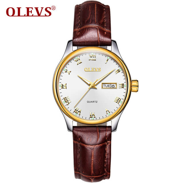 OLEVS Paar Horloge Paar Rvs/Lederen Dames Horloge Datum Lichtgevende Quartz Mannen Horloges Waterdicht Horloge: Women Leather White