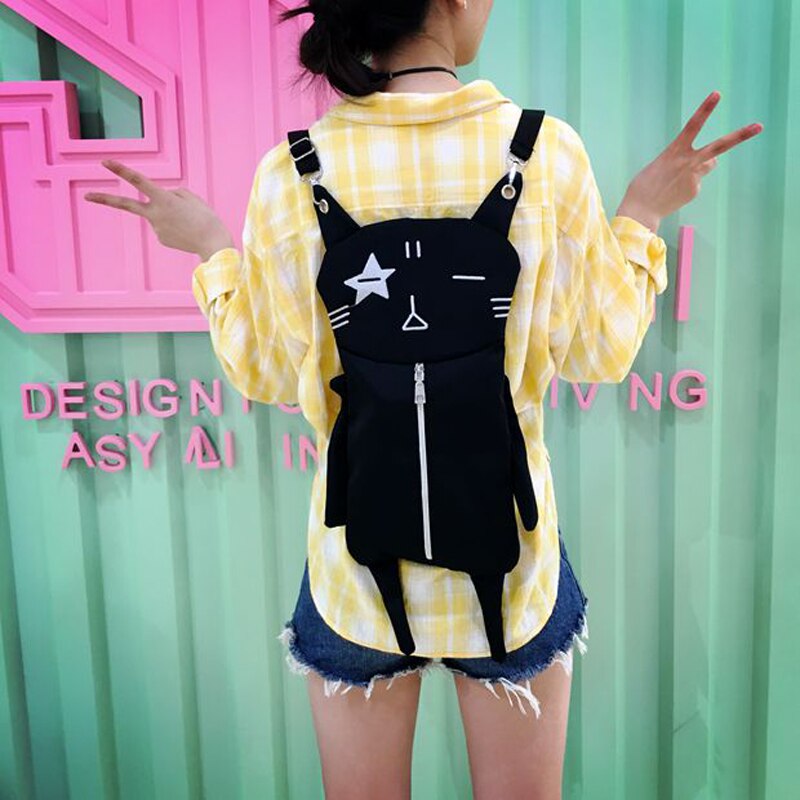 ANNRMYRS Lovely Canvas Backpack Cute Cartoon Cat Backpack Women Casual Students Black School Bags Casual Cute Rucksack Bookbags