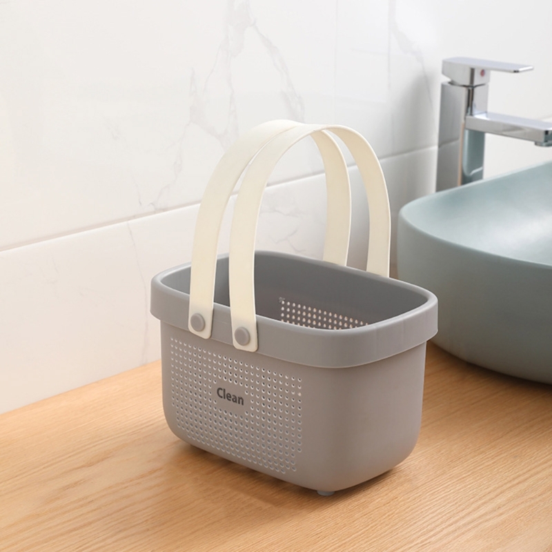 E8BD Plastic Storage Basket with Handles Shower Bins for Bathroom Kitchen Bath Drain Basket Cosmetic