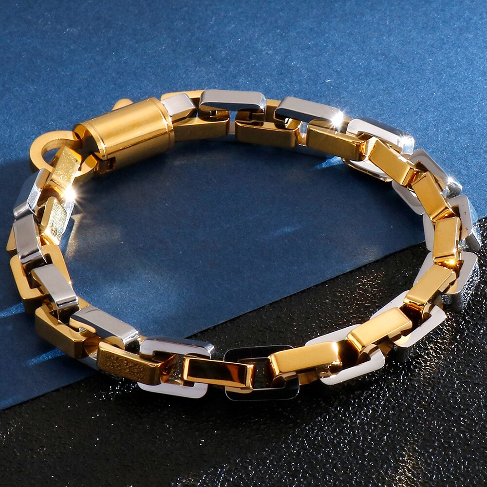 Goud Zwart Rvs Interlock Box Chain Armband Voor Mannen Zware Biker Sieraden Beste Vrienden Heren Armbanden