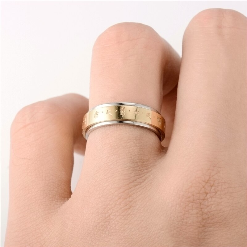 Wide 6 MM Ancient Buddhism Mantra Rings For Men Titanium Stainless Steel Lucky Amulet Men&#39;s Ring Buddhist Jewelry