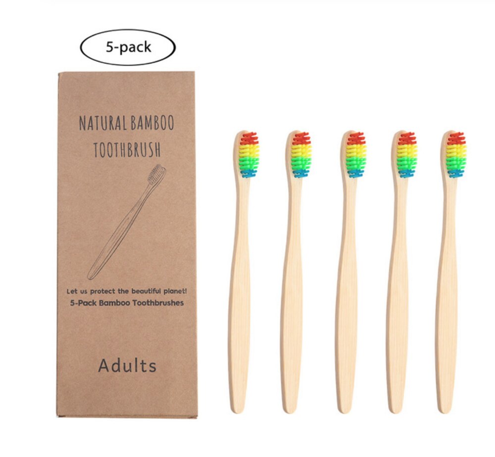 Toothbrush bamboo toothbrush rainbow degradable soft fiber toothbrush solid bamboo handle toothbrush: Red