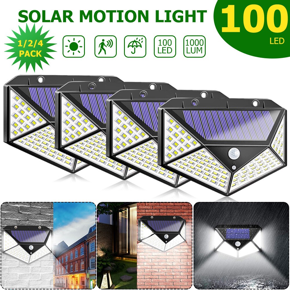 100/208LED Solar Motion Sensor Wall Light Waterproof Yard Security Lamp 3 Modes 120 Degree Four-Sided Wall Lamp