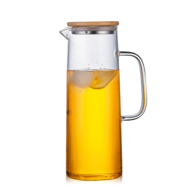 1.2L 1.4L Cold Glass Water Bottle Jar Kettle Transparent Large Capacity Heat Resistant Coffee Pot with Handle Teapot Pitchers: Wooden cover / 1.4L