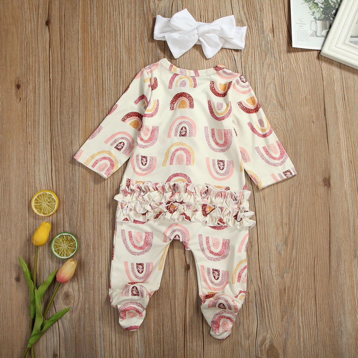 Baby Spring Autumn Clothing Newborn Baby Girl Outfit Long Sleeve Footies Rainbow Printed Clothes Ruffled Zipper Jumpsuit