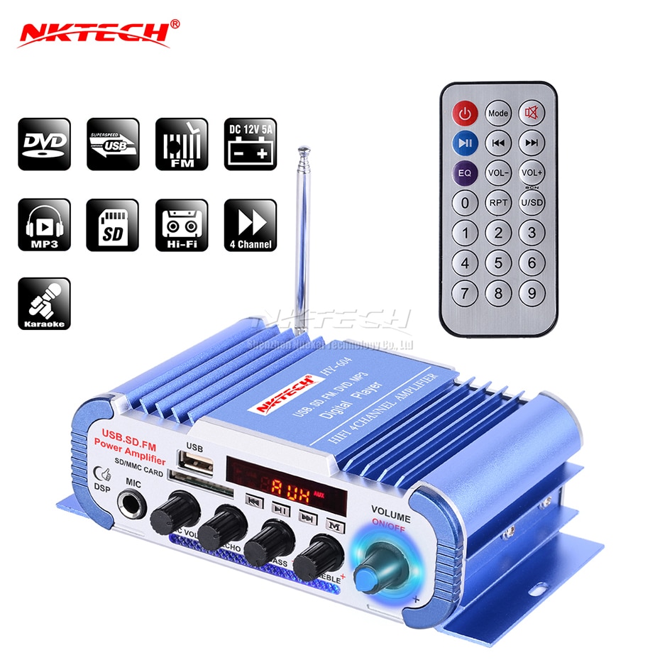 NKTECH HY-604 Auto Audio- hoch Energie Digital Verstärker 4CH x 45W Hallo-fi-Spieler mit MIC Karaoke Nachhall Unterstützung FM SD DVD MP3
