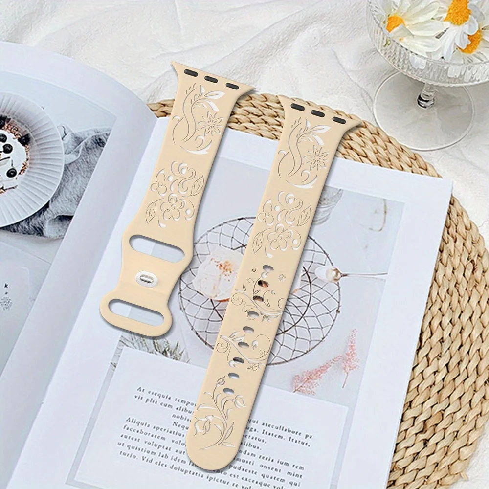 Silicone Floral Engraved Strap For Apple Watch 38/42/46mm 41/44/45mm 49mm Sport Bracelet For iWatch Series 10/9/8/7/6/Ultra Band