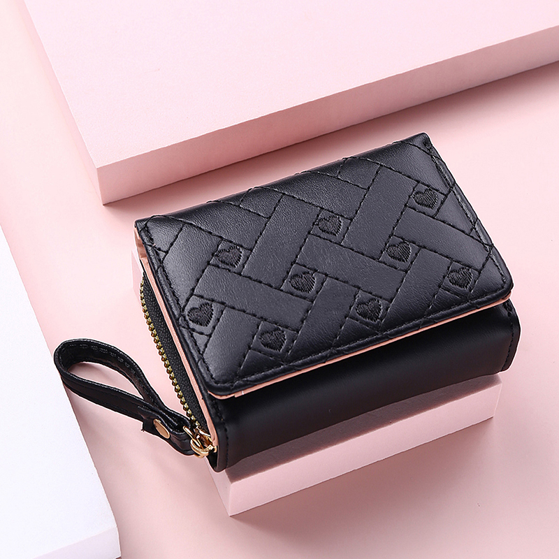 Portefeuilles Voor Vrouwen Mode Pu Lederen Geborduurde Liefde Tri-Fold Kleine Portemonnee Kawaii Schattige Kaarthouder Multi-Card Slot Muntportemonnees