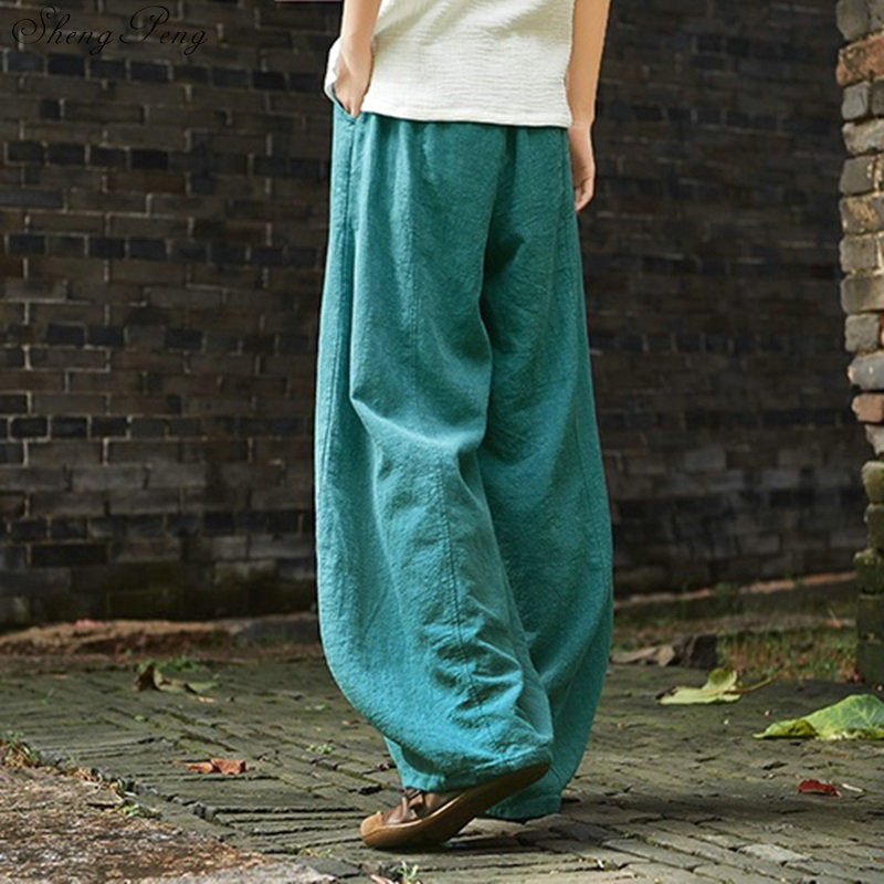 Pantalones de lino para mujer, ropa de lino para mujer, cintura elástica, cómoda, sólido, pierna ancha, blanco, talla libre, V1343