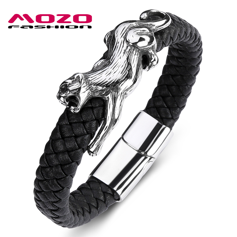 Klassieke Mannen Armband Black Leather Skeleton Rvs Magneet Gesp Armband Man Luipaard Sieraden PS2098