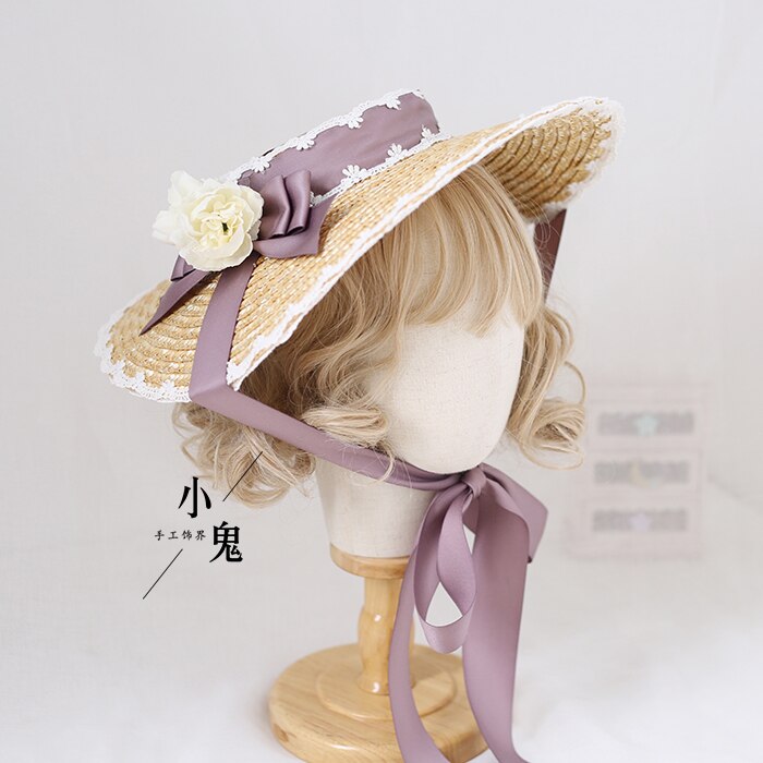 Sombrero de paja de flor con lazo bonito de Lolita, tocado para niñas, sombrilla plana, sombrero plano, adornos para el cabello hechos a mano, Cosplay