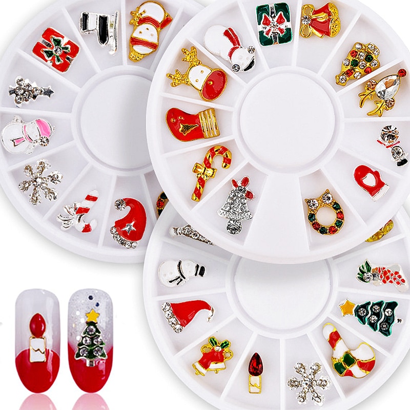 12Pcs Kerst Glitter 3d Nail Art Decorations Charmes Nep Nagels Accessoires Sneeuwpop Sneeuwvlokken Kerstboom Kerstman