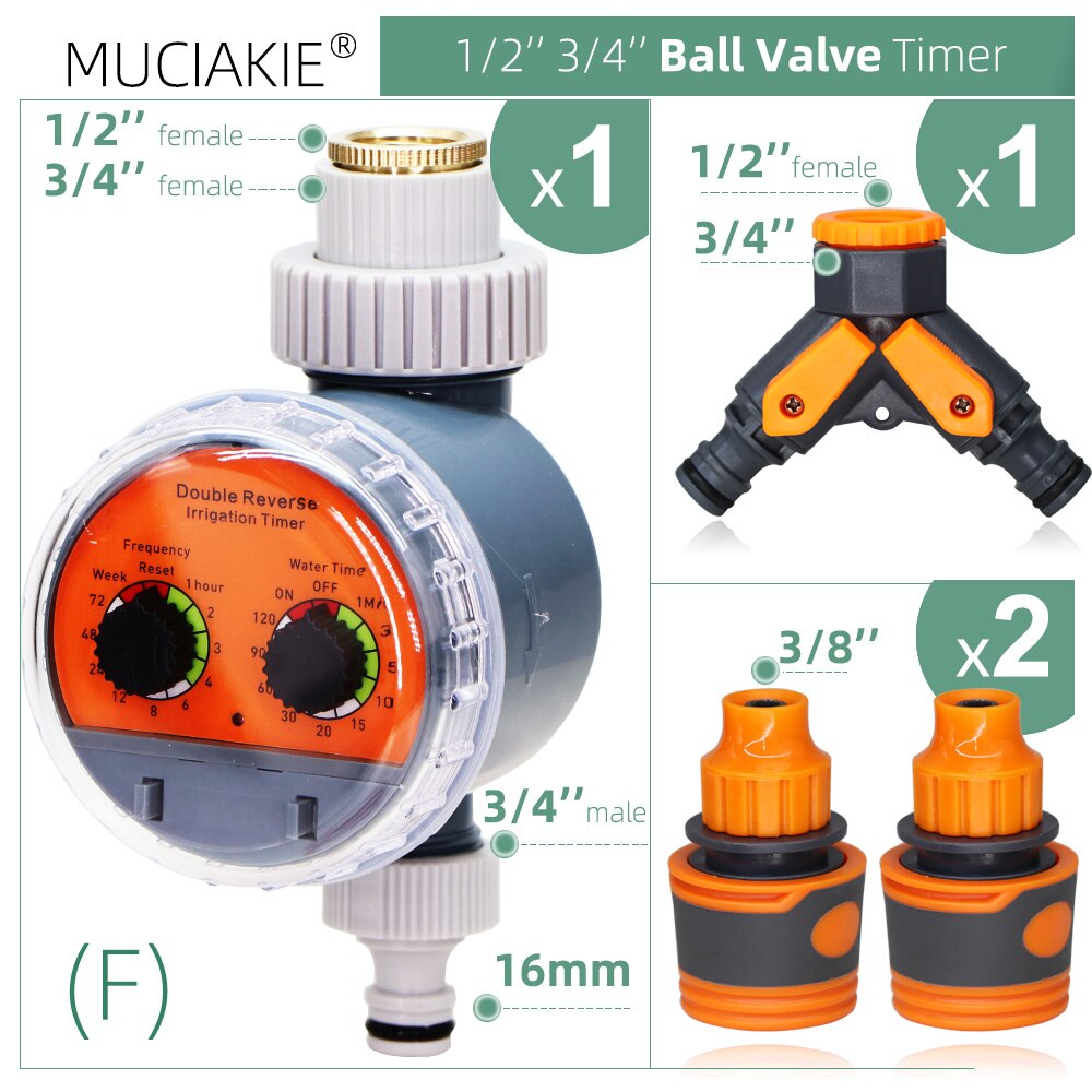 Garden Automatic Water Ball Valve Timer w Coupling Adapter for 1/4 1/2 3/4'' Tap Hose Outdoor Waterproof Irrigation Controller: F
