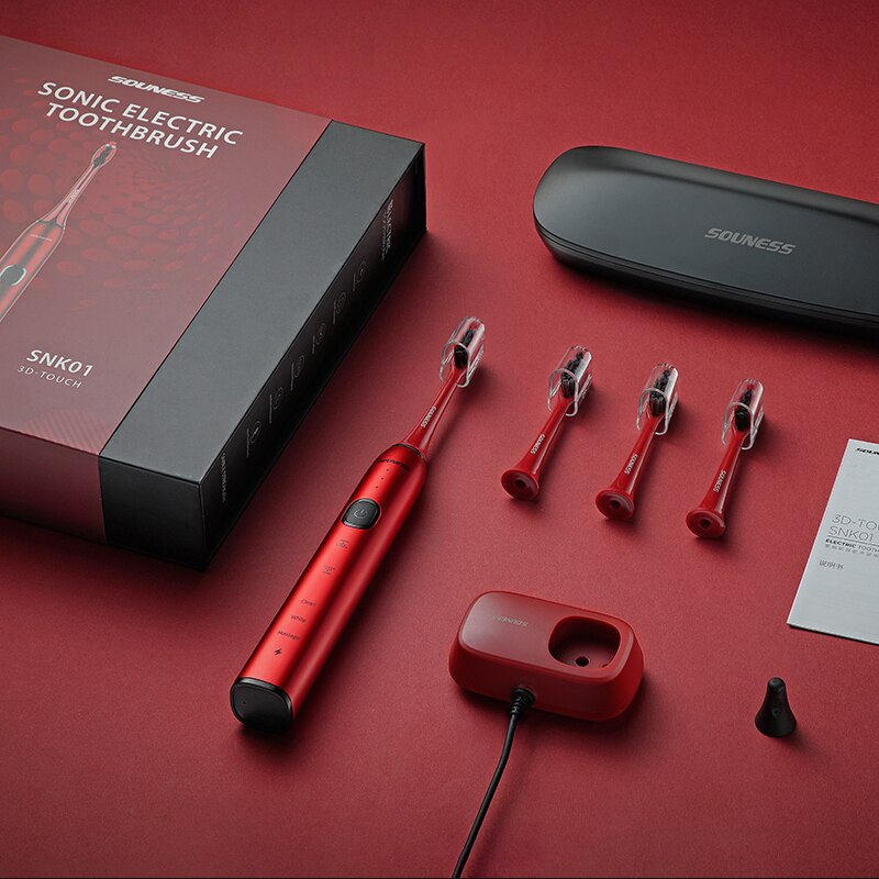 SOUNESS SNK01 Sonic Electric Toothbrush 3D Smart Touch Ultrasonic Automatic Tooth Brush Adult IPX7 Waterproof Electric Brush Set: Red Toothbrush Set