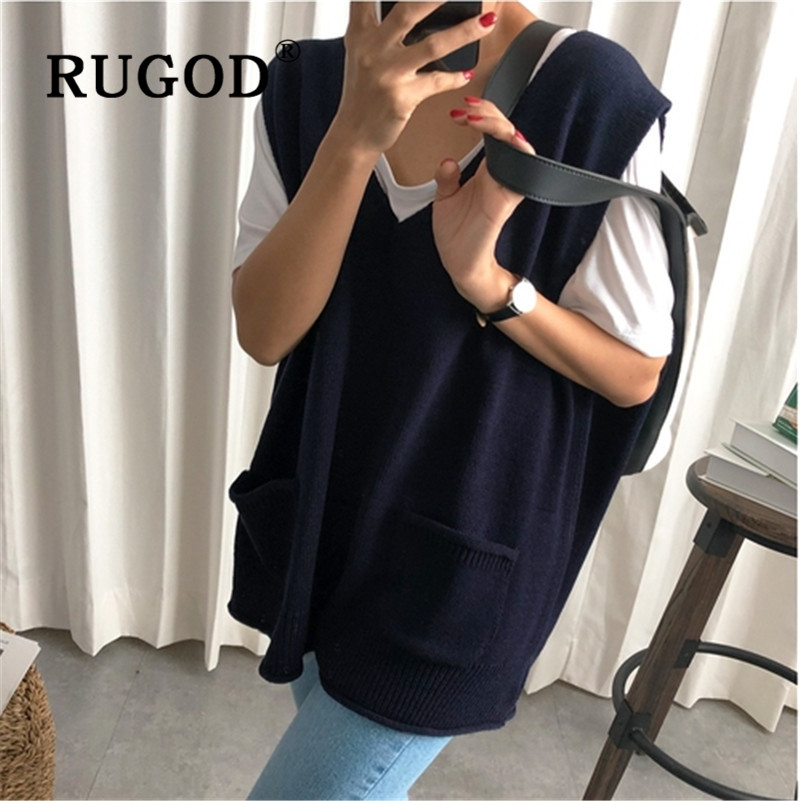 Rugod Herfst Winter Stijl Chic Vintage Effen Kleur Split Vest V-hals Gebreide Trui Mode Kpop Kleding Plus Size