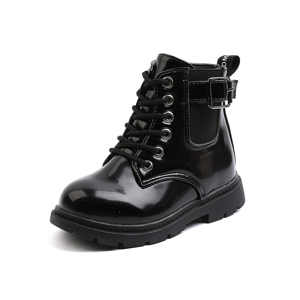 Novo 2021 fshion crianças martin botas de tornozelo rendas-up estilo britânico botas da motocicleta meninos meninas crianças sapato do bebê criança única bota: 640 Black / 23