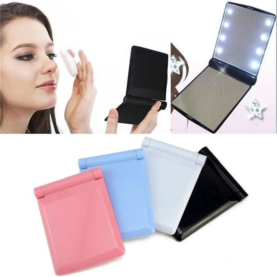 Portable 8 LED Lights Makeup Mirrors Double-Sided Cosmetic Mirror Folding Compact Pocket Mirror With Lamps Women Beauty Tool