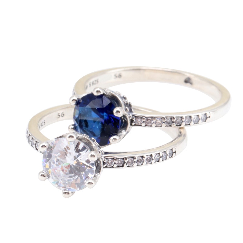 Authentic 925 Sterling Silver Ring White & Blue Crystal Rings For Women Original European DIY Fine Jewelry Wedding