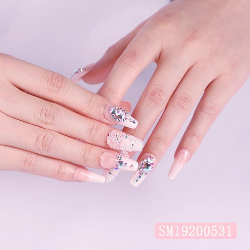 Faux-ongles longs, couleur dégradée, décoration diamant, 24 ongles, décoration de luxe, portables, couverture complète, avec designs, 24 pièces/boîte: Style 2