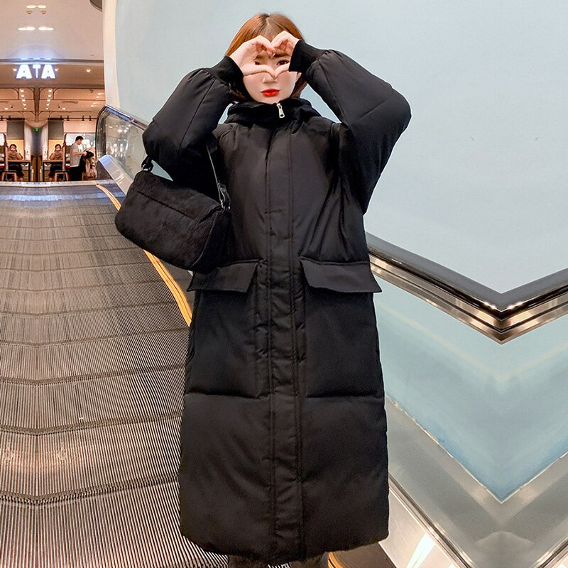 Solid Lange Dikke Winterjas Vrouwen Warm Losse Hooded Omlaag Parka Volledige Mouw Met Grote Pocket Dames Oversize Jassen: Black / L