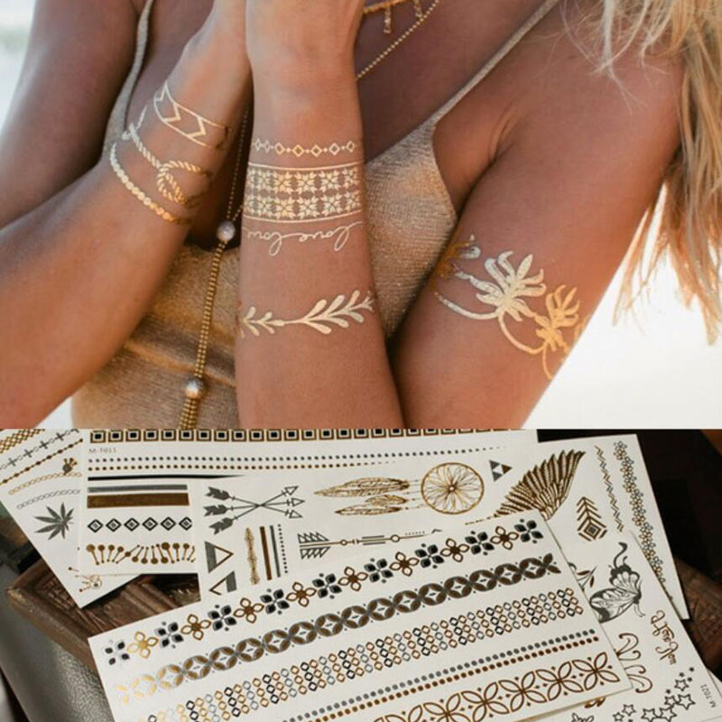 Bikini Tijdelijke Metalen Tattoo Vrouwen Meisje Flash Metallic -gestempeld Goud/Zilver Kleur Badpak Ketting Armband Tattoo Body art