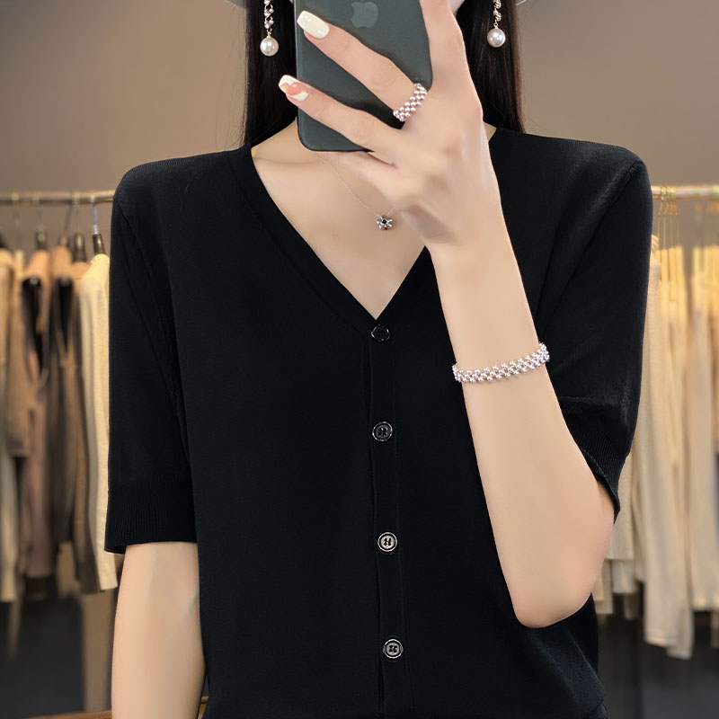 Lente En Zomer Nieuw Ijs Zijde Vest Korte Mouw V-Hals Joker Losse Dunne T-Shirt Trui Bottom Shirt Top: M / Black