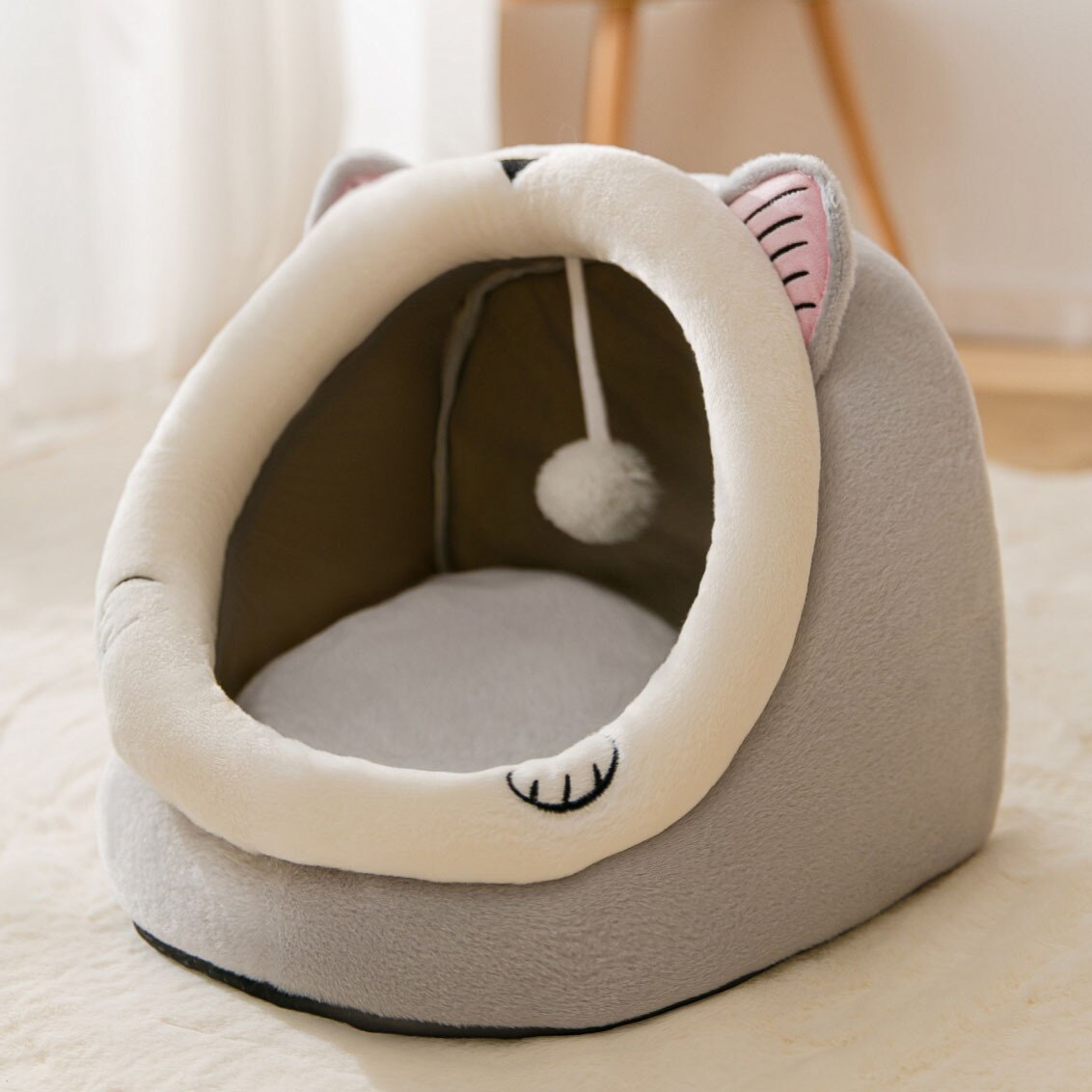 Cute Cat Bed for Indoor Machine Washable Pet Beds for Small Dogs Winter Warm Puppy Cave Cozy Kitten Cushion Calming Dog Bed: Grey Cat / S 30x30x28 cm
