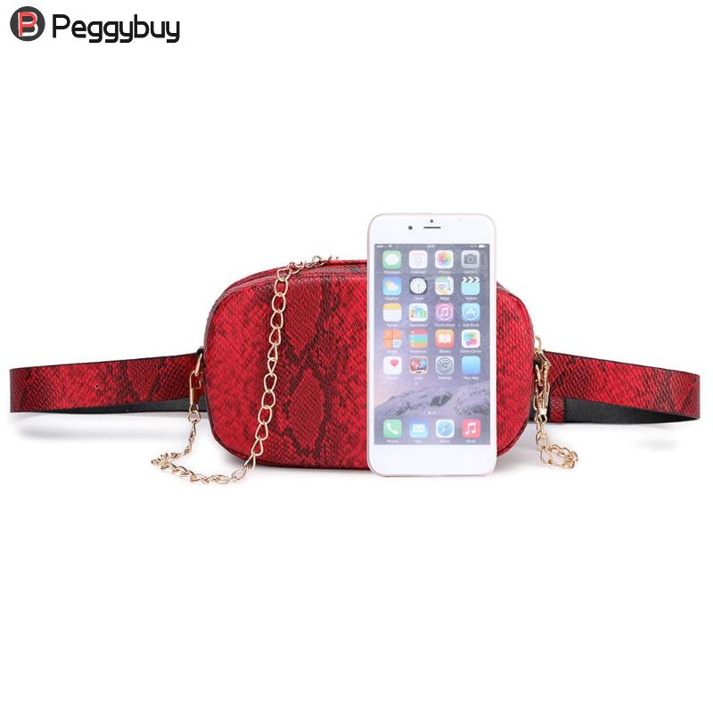 Slangemønster læder kæde bæltetasker telefonpose kvinder pu læder talje tasker kvindelige fanny pakker
