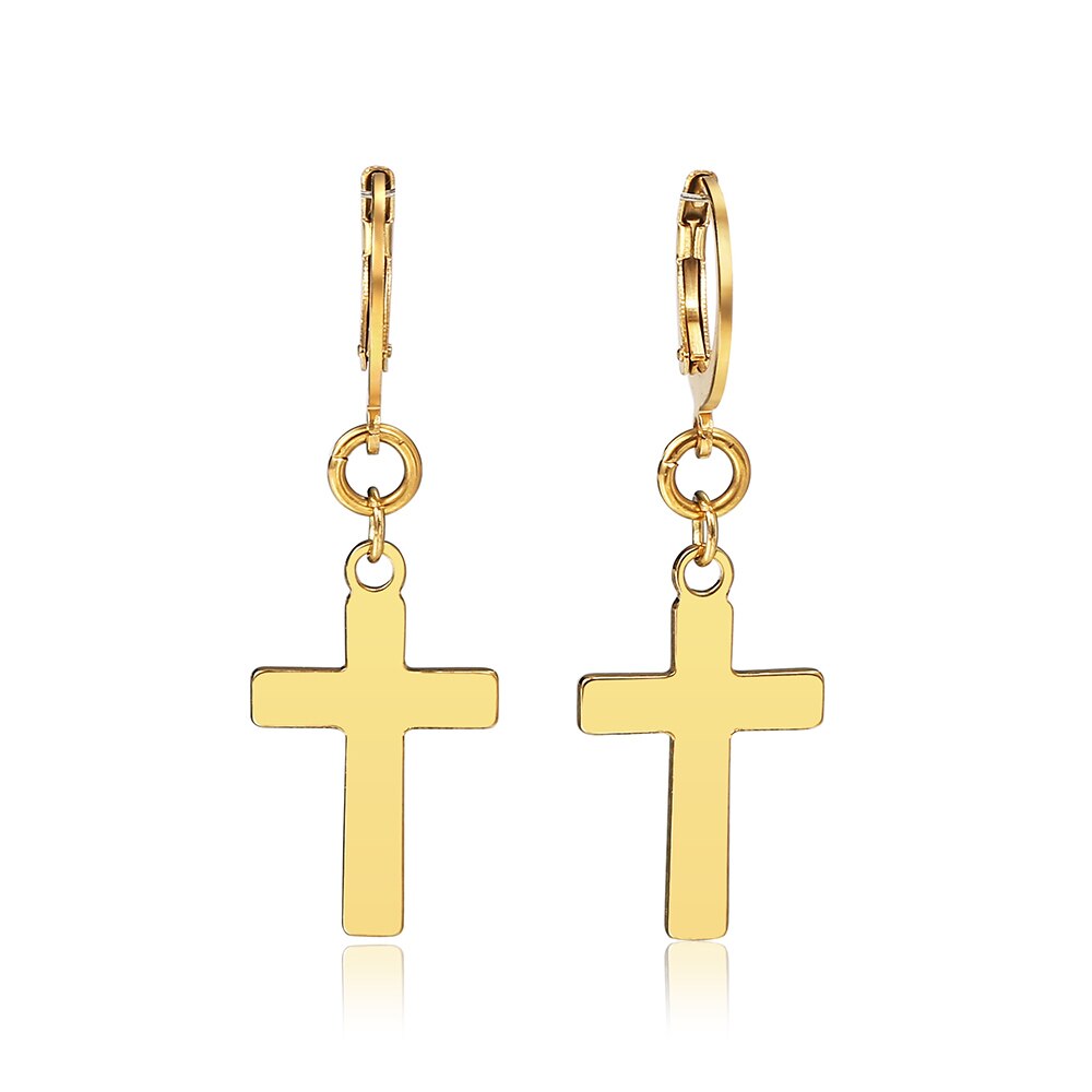 Cross Pendant Earrings For Men Women Simple Gold Color Stainless Steel Dangle Earrings Christian Punk Jewelry LKE209