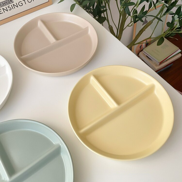 Ladycc Koreaanse Matte Ronde Eettafel Plaat Keramische Drie Raster Plaat Fruit Ontbijt Platte Plaat Kinderen Eetkamer Plaat