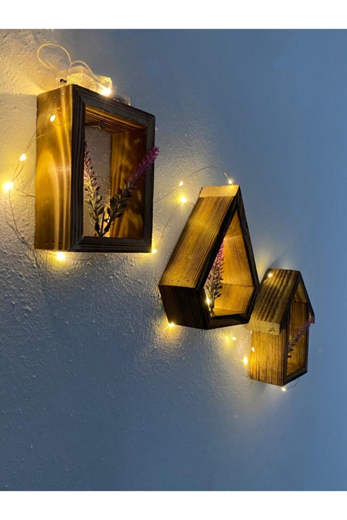 Led Light Decorative 3'lü Wooden Wall Rack