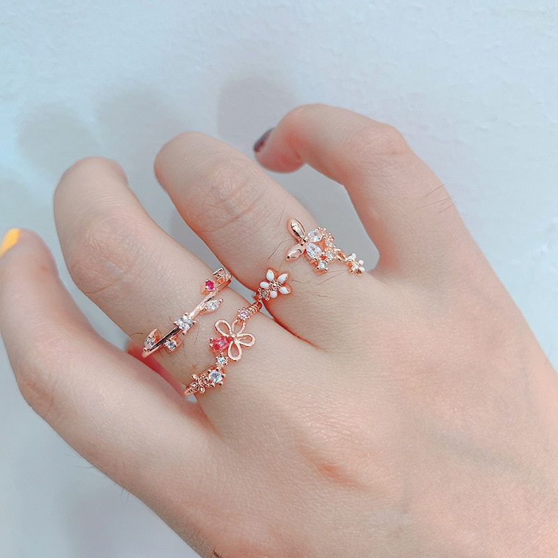 Koreaanse Delicate Micro Pave Zirkoon Bloem Blad Rose Gold Kleur Open Ringen Voor Vrouwen Meisjes Mode Vinger Sieraden ring