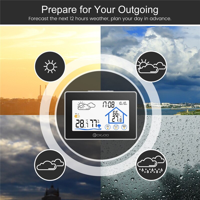 Digoo DG-TH8380 Draadloze Thermometer Hygrometer Touch Screen Weerstation Met Thermometer Outdoor Weerbericht Sensor Klok