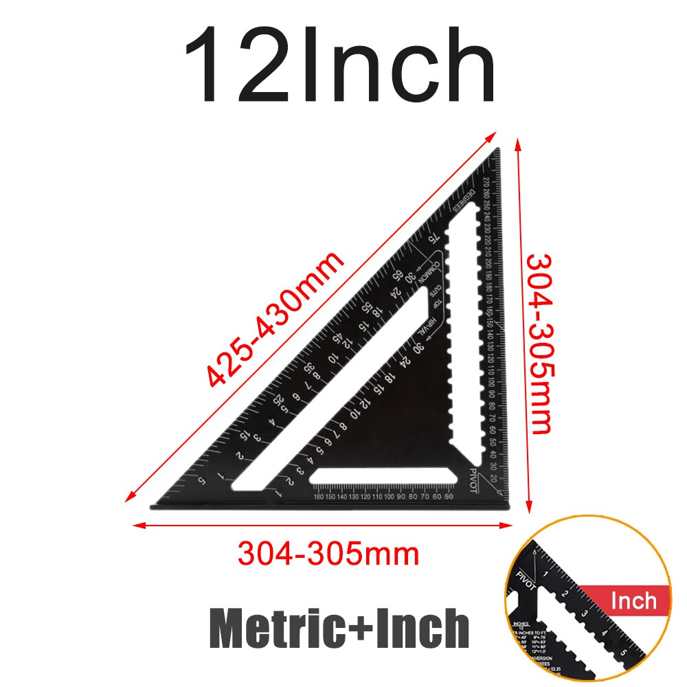 Folding Triangle Squares Ruler Positioning Angle Woodworking Tool Aluminum Alloy 2-in-1 Extendable Layout With Base Goniometer: 12inch black