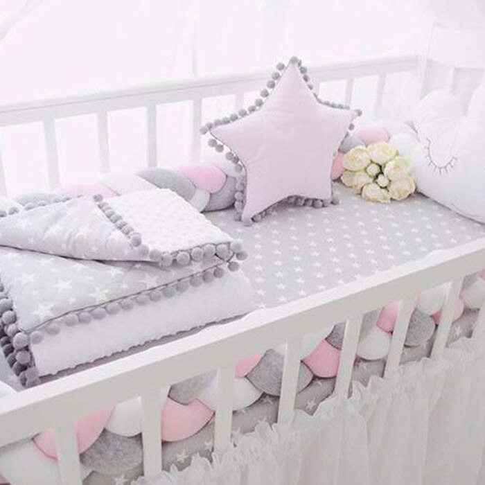 Baby Crib Bumper Knotted Braided Plush Nursery Cradle Decor Newborn Pillow Cushion Junior Bed Sleep Bumper (2 Meters, Whi