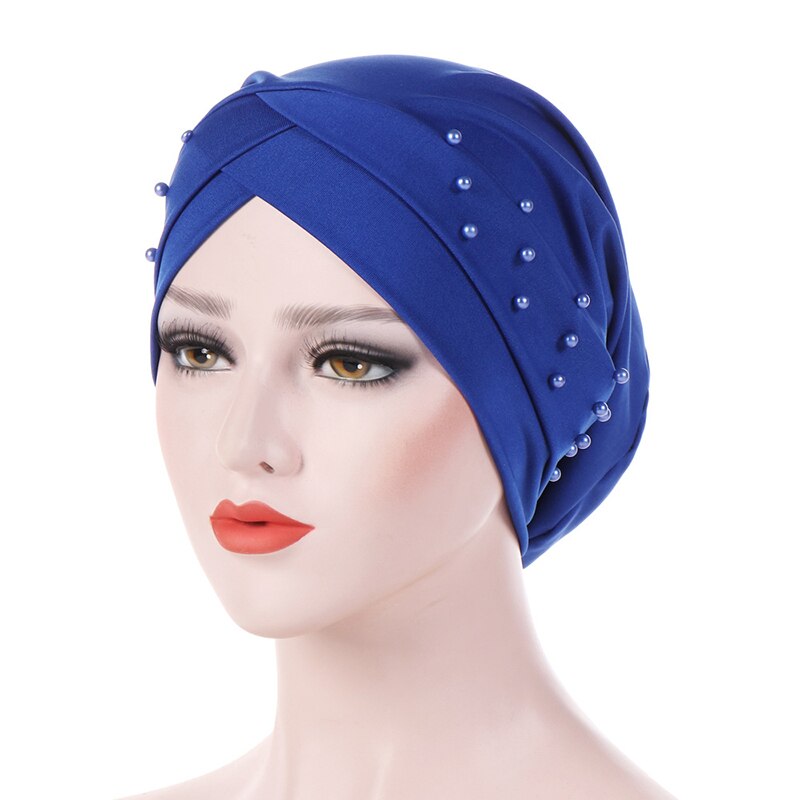 cotton solid folds pearl muslim turban scarf women islamic inner caps Arab wrap head femme musulman turbante mujer: Royal Blue