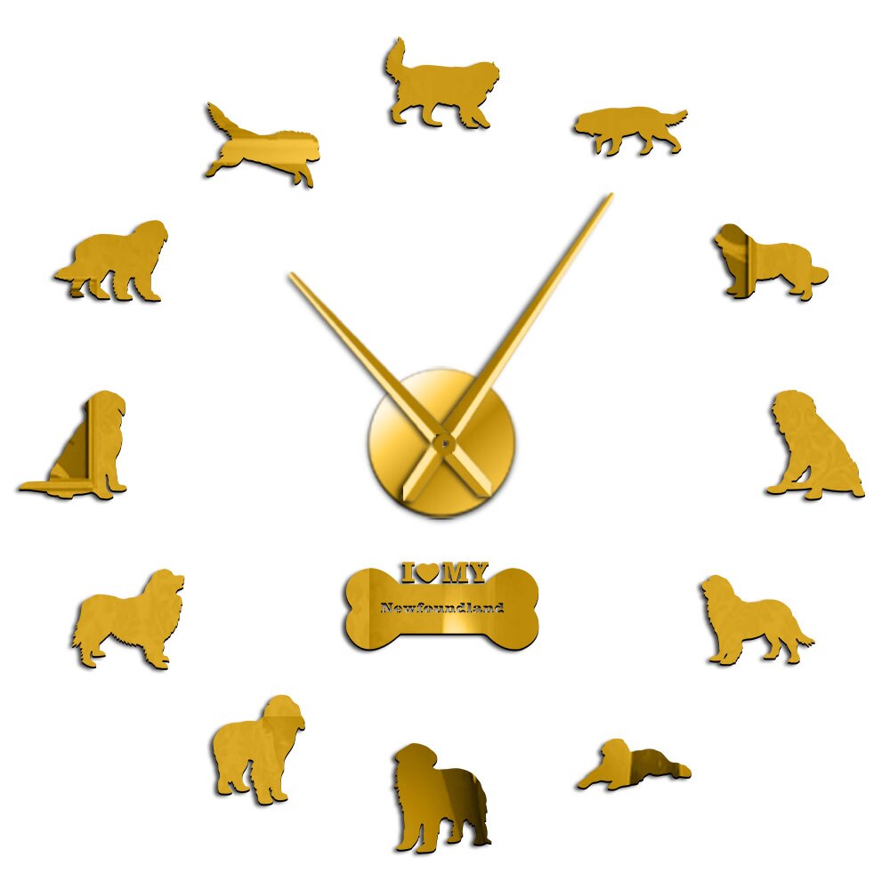 Brugshund race newfoundland hund stille kvarts stort vægur med newfie stillinger spejl tal klistermærker newf vægur: Guld / 27 tommer