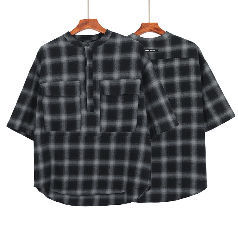 Season 6 Main Line Henry Collar Plaid Short Sleeve Shirt Loose Fit High Street Stripe Shirts For Man Clothes