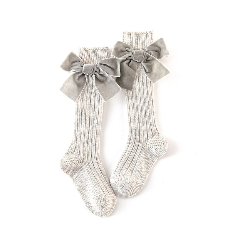 1-8y Kids Baby Kniehoge Sokken Meisjes Voor Kinderen Prinses Stijl Zware Gebreide Waggel Katoen Lange Sokken Met Fluwelen Bows: lt grey / 2-5y