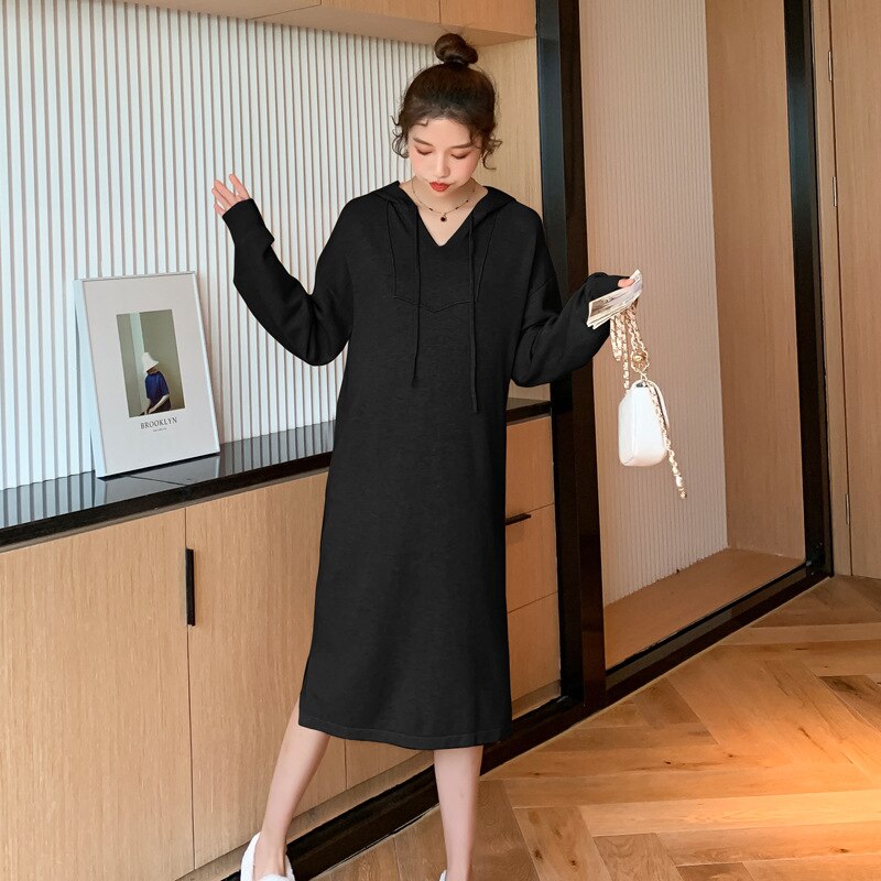 Herfst Winter Dikke Warme Gebreide Moederschap Lange Jurk Hoodies Losse Jurk Kleding Voor Zwangere Vrouwen Zwangerschap Casual Wear: Black / Xxl
