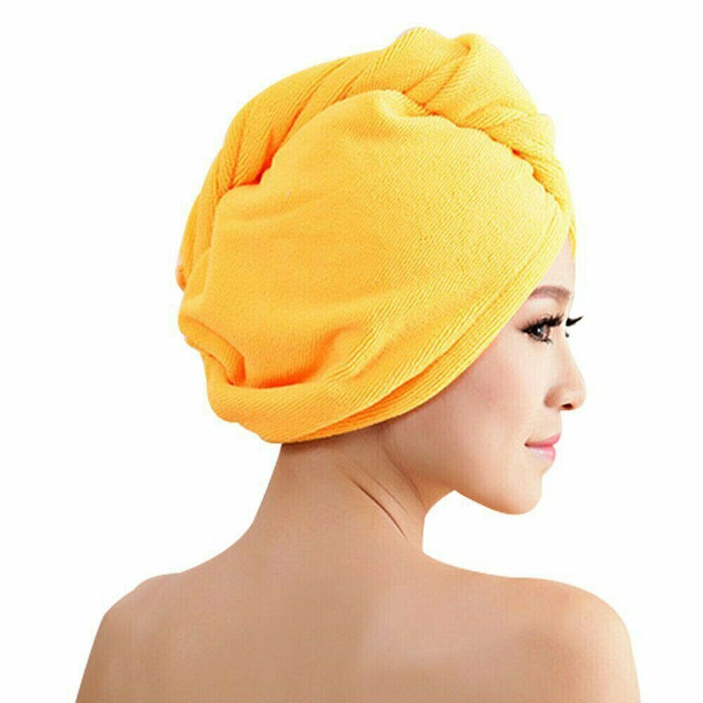 4 farver mikrofiber hår tørring håndklæde wrap turban hoved hat ren farve bun cap brusebad tør mikrofiber håndklæde: Gul