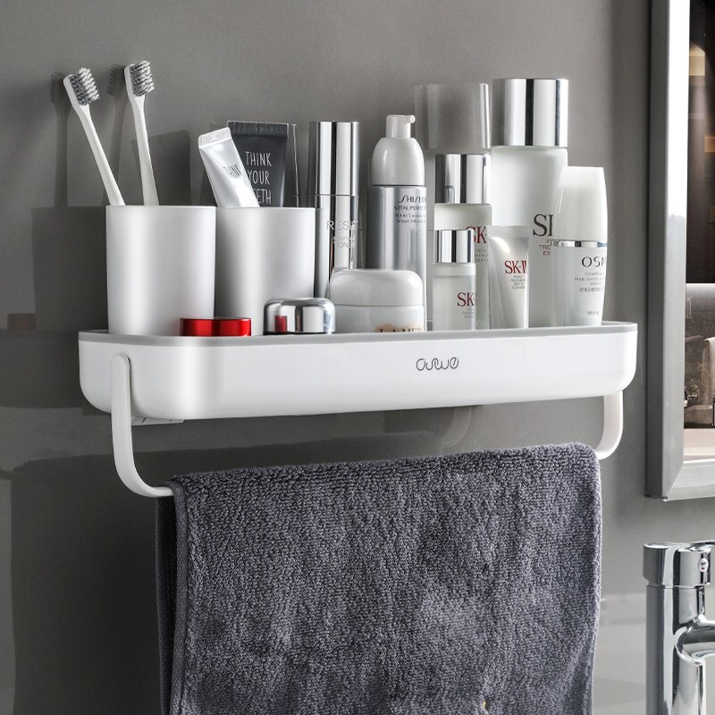 Wall-mounted Bathroom Rack Storage Rack With Towel Rod For Kitchen Household Organizer For Bathroom Accessories Without Drill: Gray-bar